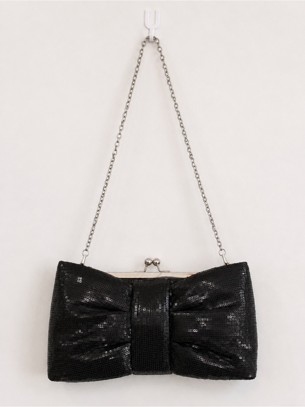 black sequin bow clutch purse